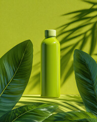 Vibrant green water bottle stands against lime green gradient wall, surrounded by large banana leaves casting shadows. scene evokes freshness and vitality, perfect for eco friendly themes