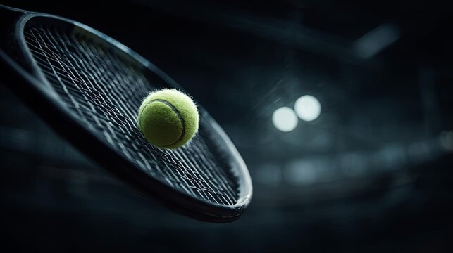 A close-up of a tennis racket and ball captured in a dramatic, low-light setting.