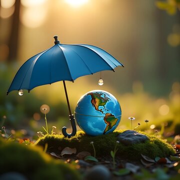 Glowing Earth with Blue Umbrella in Nature Sunrise scene Environmental Protection Concept for World Ozone Day image