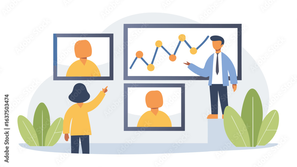 Poster illustration of a presentation with a chart and people on screens in a virtual meeting setting onlin