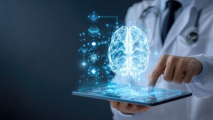 Doctor interacts with digital brain model on tablet