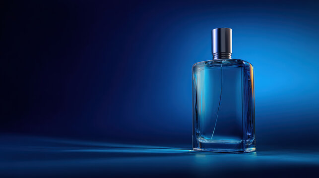 Sleek glass bottle stands elegantly against steel blue gradient background, showcasing its modern design and reflecting light beautifully. atmosphere conveys sense of sophistication and allure