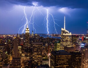 Night cityscape with dramatic lightning strikes illuminating skyscrapers and buildings