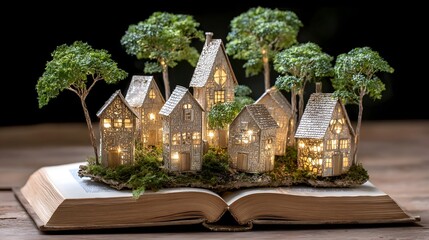 Miniature village nestled on an open book.