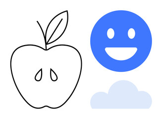 Apple outline with seeds and leaf, bold blue happy face, and soft light blue cloud. Ideal for wellness, healthy living, optimism, simplicity, nature, communication simple landing page