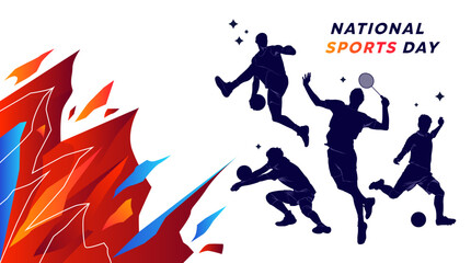 Obraz premium Silhouettes of athletes playing various sports including tennis, baseball, soccer, and volleyball on a white background with red abstract flames. Dynamic vector illustration for national sports events