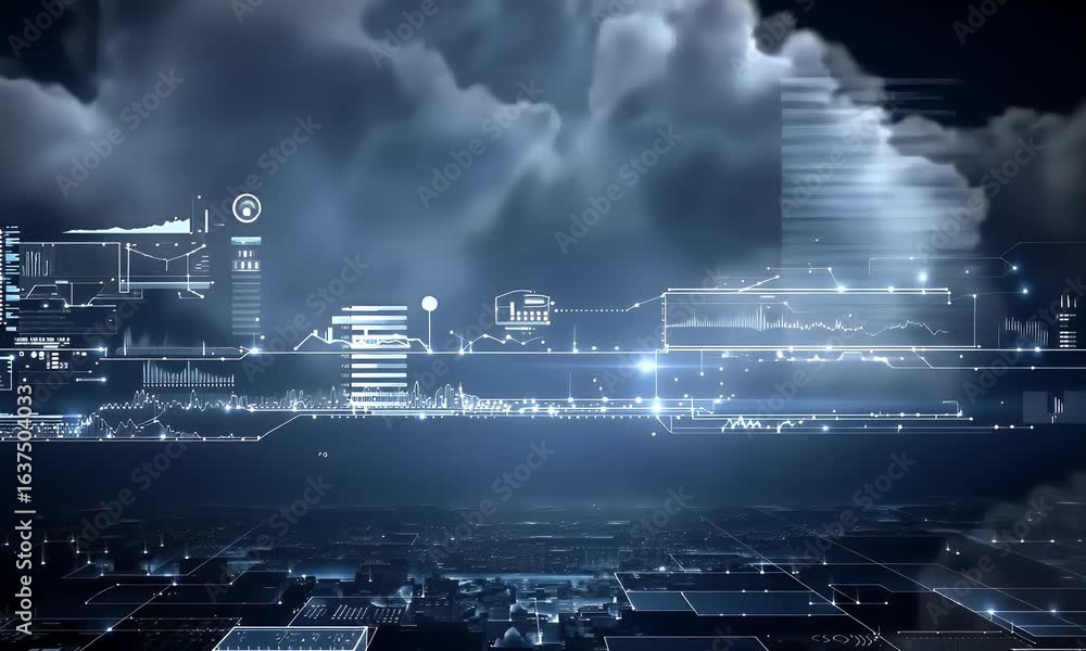 Poster a dynamic digital cloud background with floating icons and data points, representing the advanced te