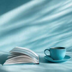 Naklejka premium Open book and teal cup on light teal fabric, sunlit shadows