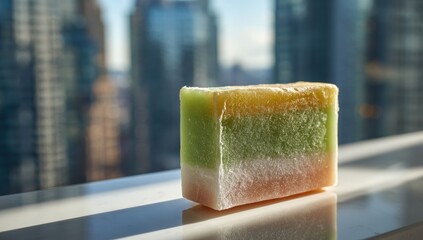 Multicolored bar soap on windowsill, city view