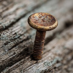 Rusted nail head on weathered wood