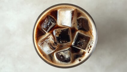 Iced coffee in glass, top view