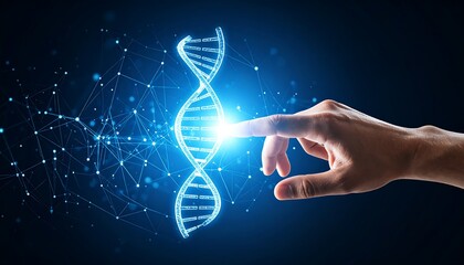 DNA helix visualization with hand interaction, representing genetic code and scientific innovation