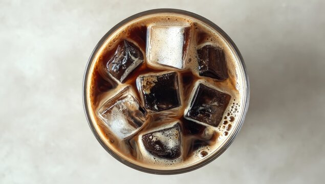 Iced coffee in glass, top view