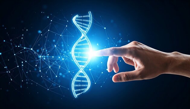 DNA helix visualization with hand interaction, representing genetic code and scientific innovation