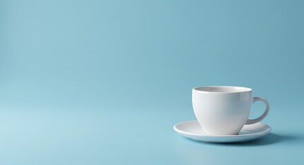 Obraz premium White Coffee Cup on Saucer with Blue Background for Morning Drink Concept