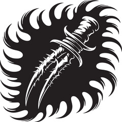 Black and white illustration of a dagger with a thorny blade and decorative black background design