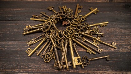 Antique keys arranged in a circle on a wooden surface