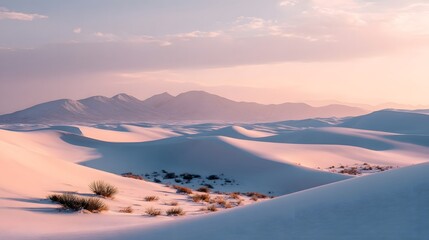 White desert landscape at sunrise.