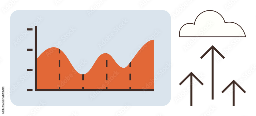 Poster orange line graph indicating trends alongside upward arrows pointing to a cloud. ideal for analytics