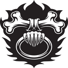 A black and white graphic design featuring a bone ring pull on a dark decorative background shape