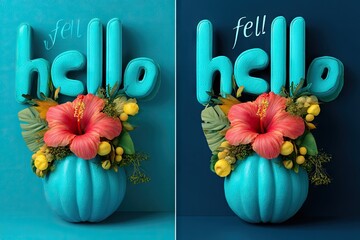 Two variations of a decorative teal pumpkin adorned with flowers and foliage, spelling "hello.