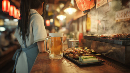 女性がエプロン姿で焼き鳥とビールを愉しむ