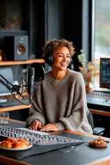 Woman laughs in radio studio