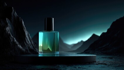 Dark, moody perfume bottle display on a podium amidst rugged mountains
