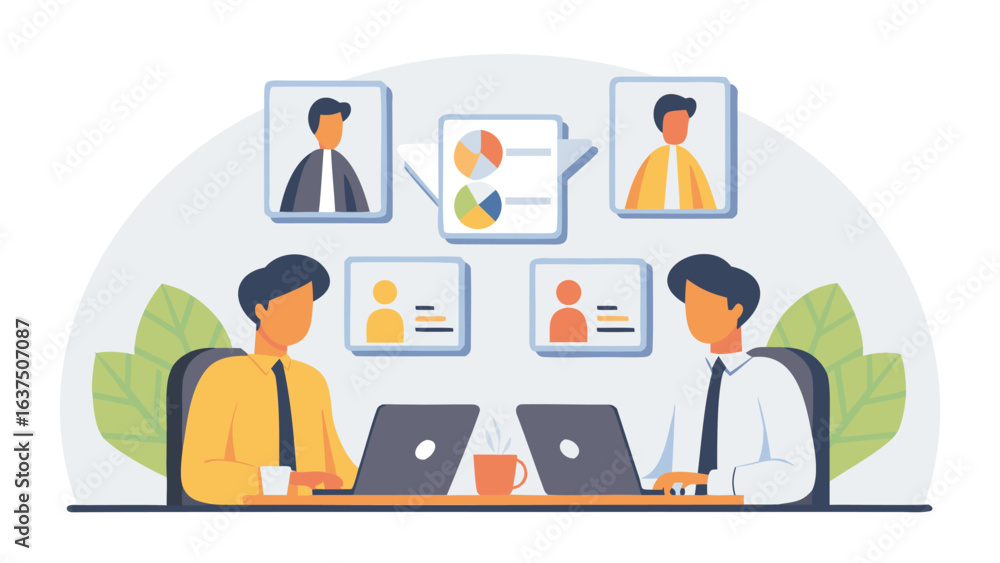 Poster two people in a virtual meeting with a chart and contact information displayed on the screen at the 