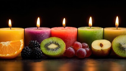Obraz premium Colorful candles with fruit accents on dark background