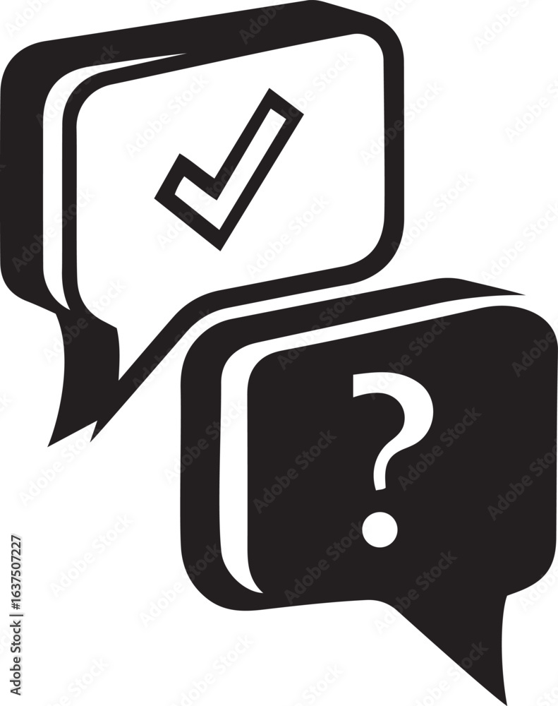 Poster speech bubbles symbolizing question and tick mark icon, speech bubbles symbolizing icon with questio
