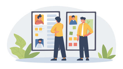 Two men reviewing candidate profiles on boards with photos and summary information for a job search process