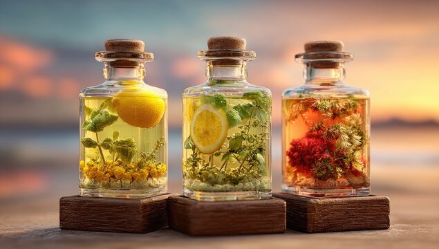 Three glass bottles with herbal infusions, citrus fruits, and flowers, on wooden stands, against a sunset backdrop - Powered by Adobe