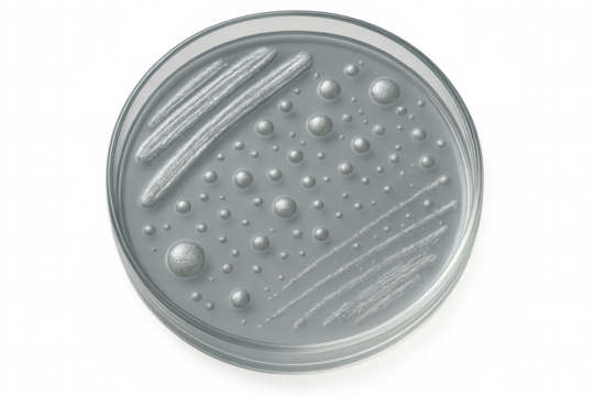 Metallic silver bacteria growing and multiplying on petri dish with transparent background, viewed from above