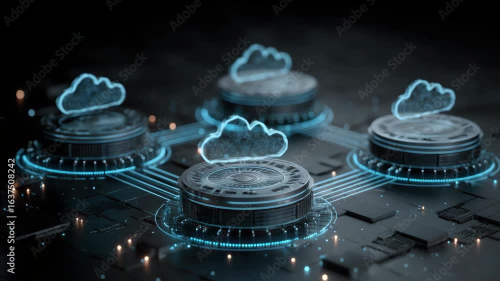 Poster futuristic digital cloud computing network interconnected servers and holographic elements for data 