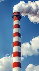 Renewable energy concept Industrial chimney emitting smoke against a blue sky with clouds.