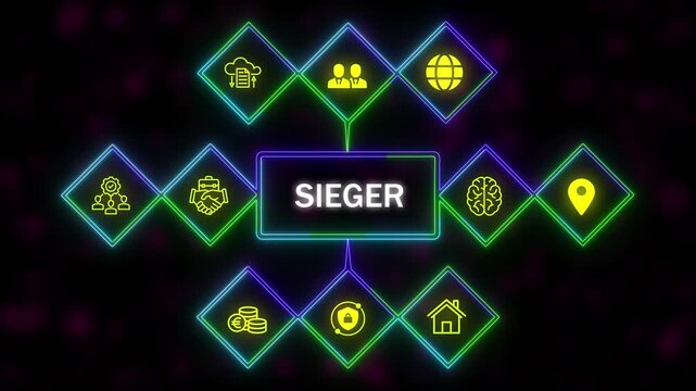 A SIEGER concept button on a futuristic .Neon Abstract seamless animation of hue effect background. 4k video