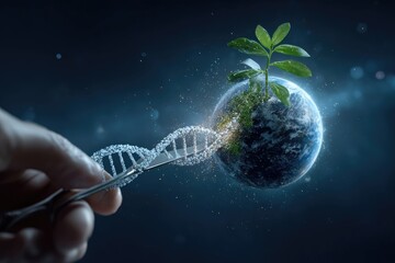 A hand holds surgical scissors poised over a DNA strand that is connected to the Earth, a plant sprouts from the Earth