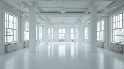 Fototapeta premium Empty, bright interior space with large windows.