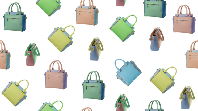 A repeating pattern of handbags in different colors.