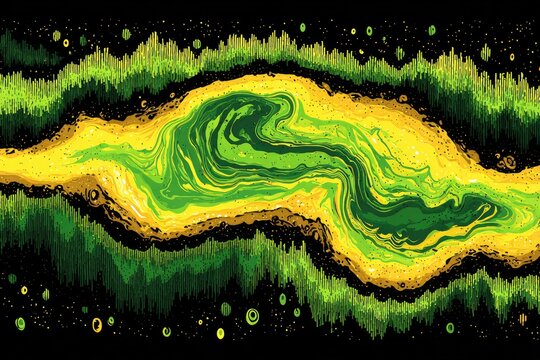 Abstract swirling green and yellow landscape on a black background
