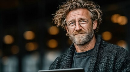 Happy elegant middle-aged professional businessman, financial executive manager using a digital tablet. Smiling confident mature businessman holding a tablet computer looking away at copy space.