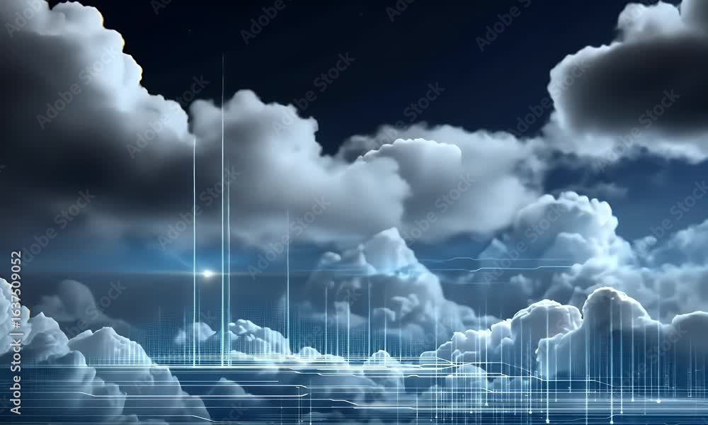 Poster a dynamic digital cloud background with floating icons and data points, representing the advanced te