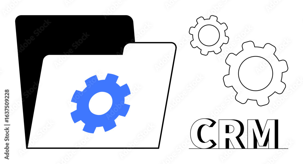 Poster folder icon with blue gear, black outline, and additional gears for crm processes and system configu