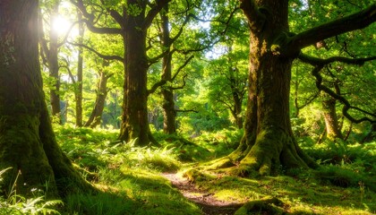 Fototapeta premium Sunlight filters through a lush forest