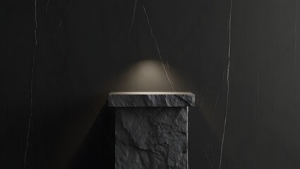 A rough textured dark stone pedestal with a spotlight shining on top isolated on white background