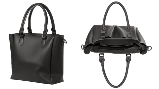 Women's handbag with front view and open position.