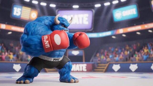 Blue monster boxing arena ultimate fight gloves champion ring crowd sports competition strong cartoon 4k video