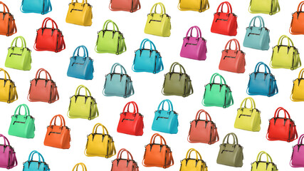 A repeating pattern of brightly colored handbags.