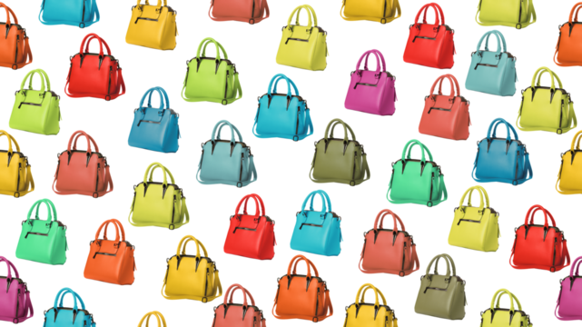 A repeating pattern of brightly colored handbags.
